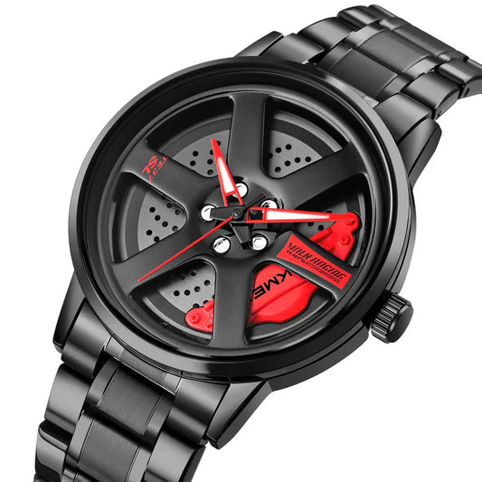 New Car Wheel Watch with Rolling Creative Fashion Analog Watch, Black Dial Zink Alloy Case Men's Watch, Stainless Steel Black Color Band, Quartz Movement, Water & Scratch-Resistant-199 ⭐⭐⭐⭐⭐(4.9/5)