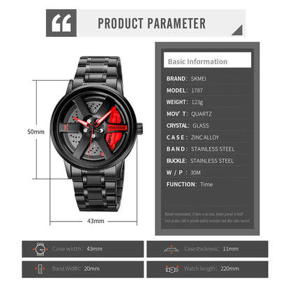 New Car Wheel Watch with Rolling Creative Fashion Analog Watch, Black Dial Zink Alloy Case Men's Watch, Stainless Steel Black Color Band, Quartz Movement, Water & Scratch-Resistant-199 ⭐⭐⭐⭐⭐(4.9/5)