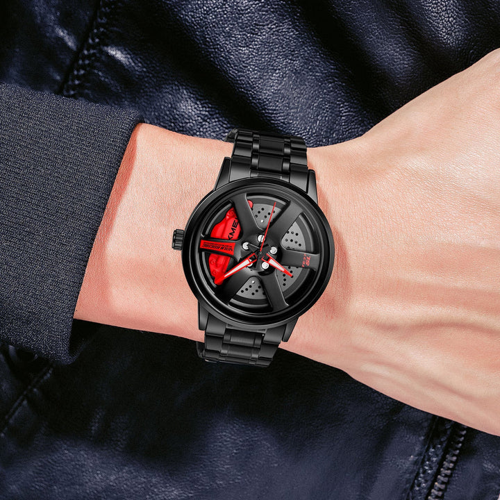 New Car Wheel Watch with Rolling Creative Fashion Analog Watch, Black Dial Zink Alloy Case Men's Watch, Stainless Steel Black Color Band, Quartz Movement, Water & Scratch-Resistant-199 ⭐⭐⭐⭐⭐(4.9/5)