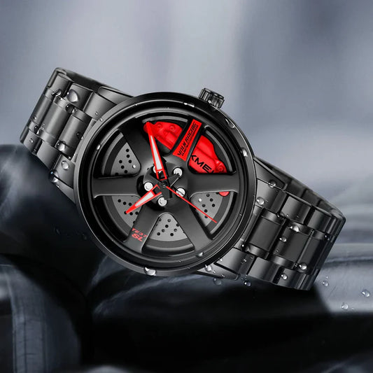 New Car Wheel Watch with Rolling Creative Fashion Analog Watch, Black Dial Zink Alloy Case Men's Watch, Stainless Steel Black Color Band, Quartz Movement, Water & Scratch-Resistant-199 ⭐⭐⭐⭐⭐(4.9/5)