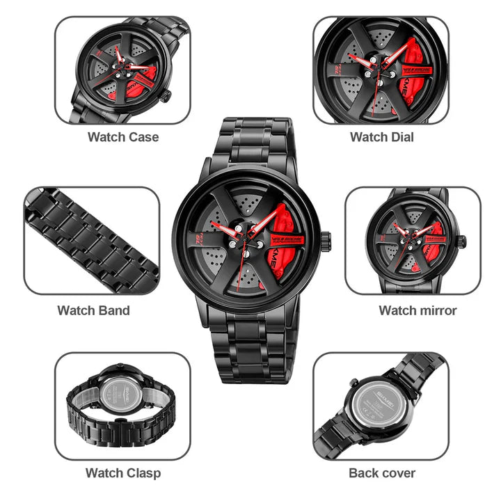 New Car Wheel Watch with Rolling Creative Fashion Analog Watch, Black Dial Zink Alloy Case Men's Watch, Stainless Steel Black Color Band, Quartz Movement, Water & Scratch-Resistant-199 ⭐⭐⭐⭐⭐(4.9/5)