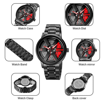 New Car Wheel Watch with Rolling Creative Fashion Analog Watch, Black Dial Zink Alloy Case Men's Watch, Stainless Steel Black Color Band, Quartz Movement, Water & Scratch-Resistant-199 ⭐⭐⭐⭐⭐(4.9/5)