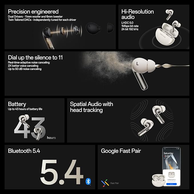 OnePlus Buds Pro 3 Bluetooth TWS in-Ear Buds – Dual Drivers, Dual DACs, Dynaudio EQs, AI-Powered Translator, Up to 50dB Adaptive Noise Cancellation, Up to 43Hrs Battery. ⭐⭐⭐⭐⭐ (4.9/5)